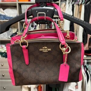 Coach Brown Signature Satchel with Bright Pink Trim